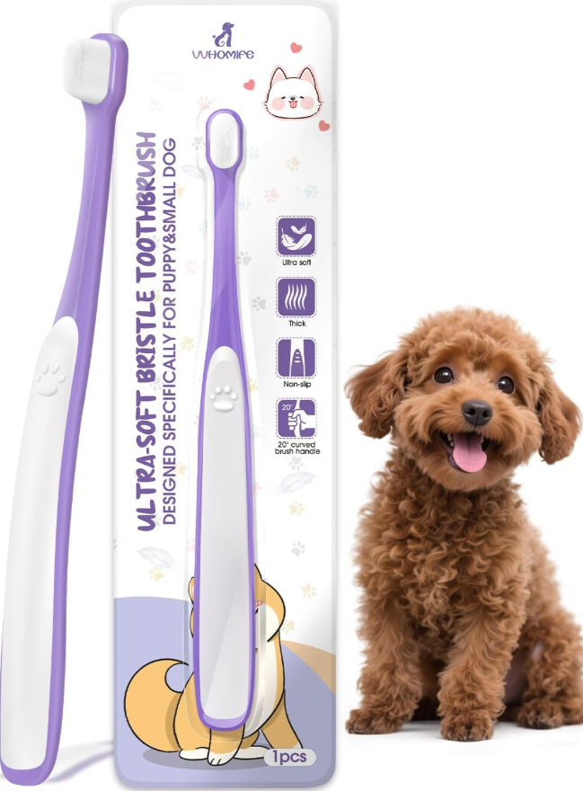Tiny Dog Toothbrush for Small Dogs - 0.39" Mini Brush Head, Curved Handle, Soft Bristles, Dual Rubber Back, Gentle Puppy Tooth Brush Kit for Yorkie Chihuahua & Small Dog Teeth Cleaning